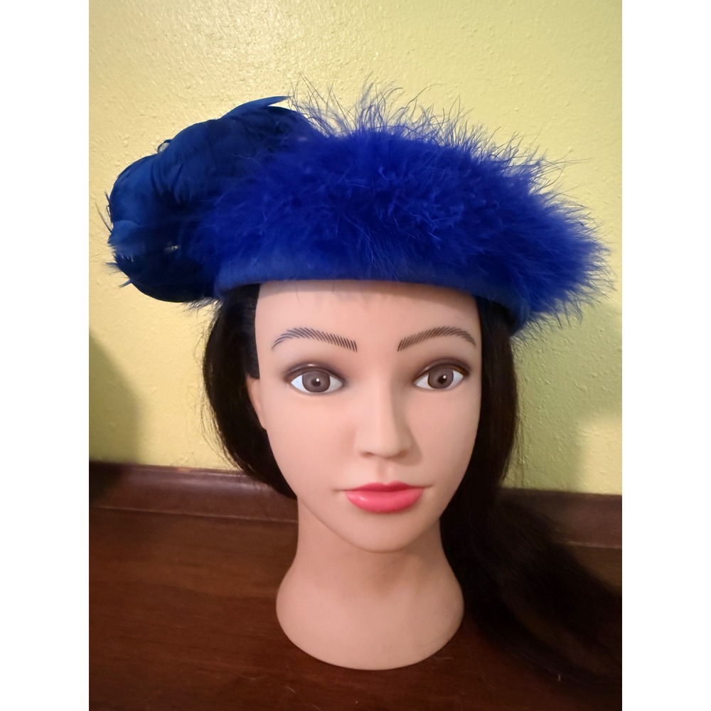 VTG Mr. John Signature Series Blue Feather Pillbox Hat Ostrich Marabou Trim